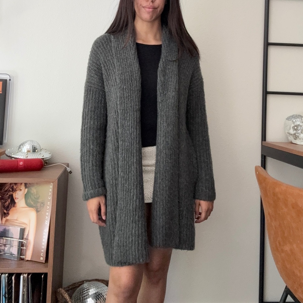 J.Crew Charcoal Grey Ribbed Fuzzy Open Front Shawl Cardigan Sweater S/M - Picture 2 of 8